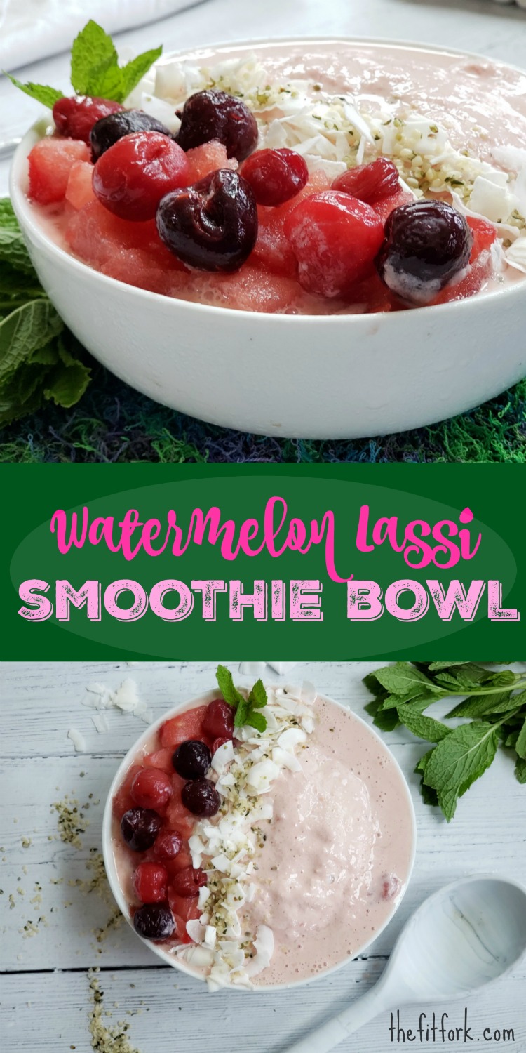 Watermelon Lassi Smoothie Bowl is a beautiful, nutritious snack, breakfast, or healthy dessert and it's made with Greek Gods Greek-style Yogurt that is only sweetened lightly with honey.