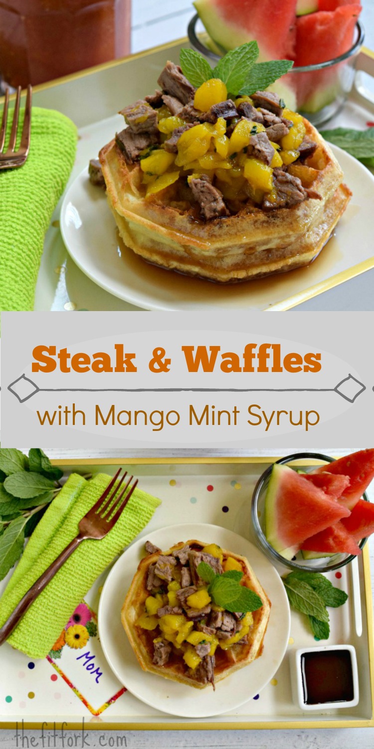 Steak & Waffles with Mango Mint Syrup makes a quick, easy and delicious breakfast or brunch using leftover beef. This sweet, spicy and savory beef breakfast is a must make for mother's day or father's day.
