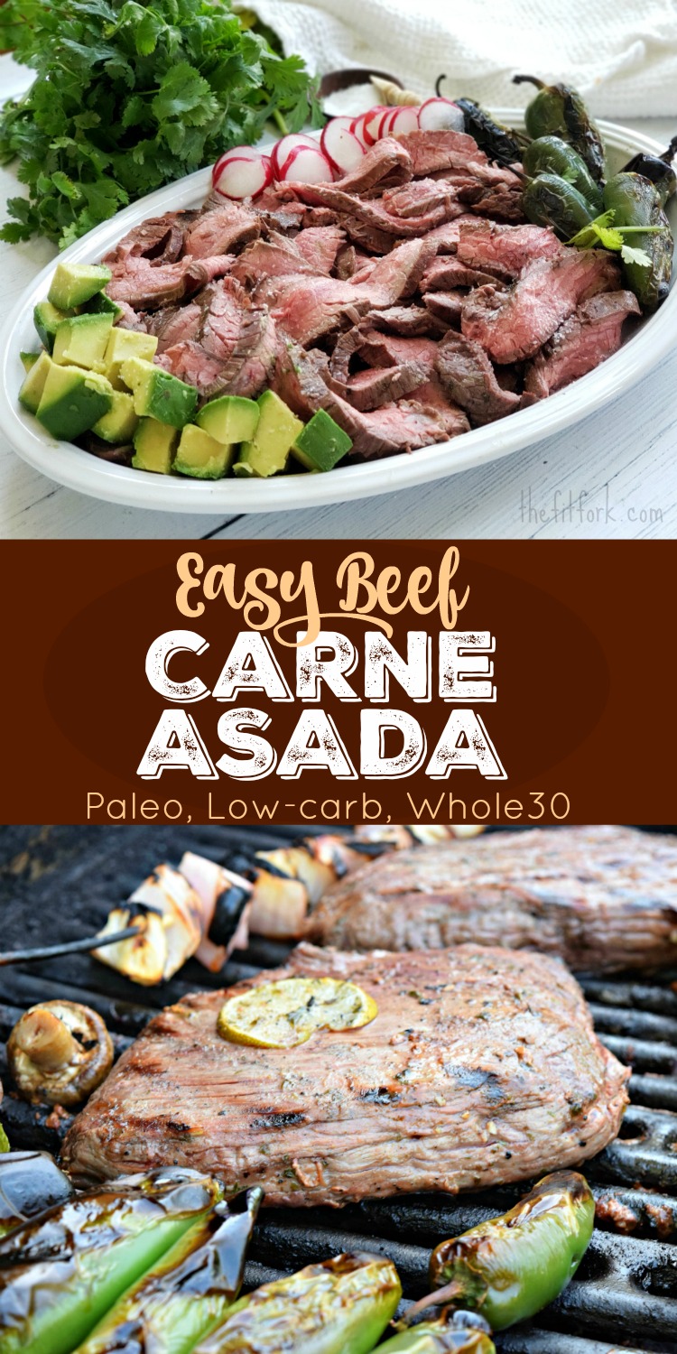 Enjoy grilled beef tonight with this easy carne asada recipe prepared with flank steak and a simple marinade made with citrus juices, garlic, cumin and more. Slice the steak thinly and serve with the sides of your choice or in tacos, with eggs, on a sandwich or however else you can imagine! I also like to meal prep extras to keep in the freezer for easy dinners on busy nights.