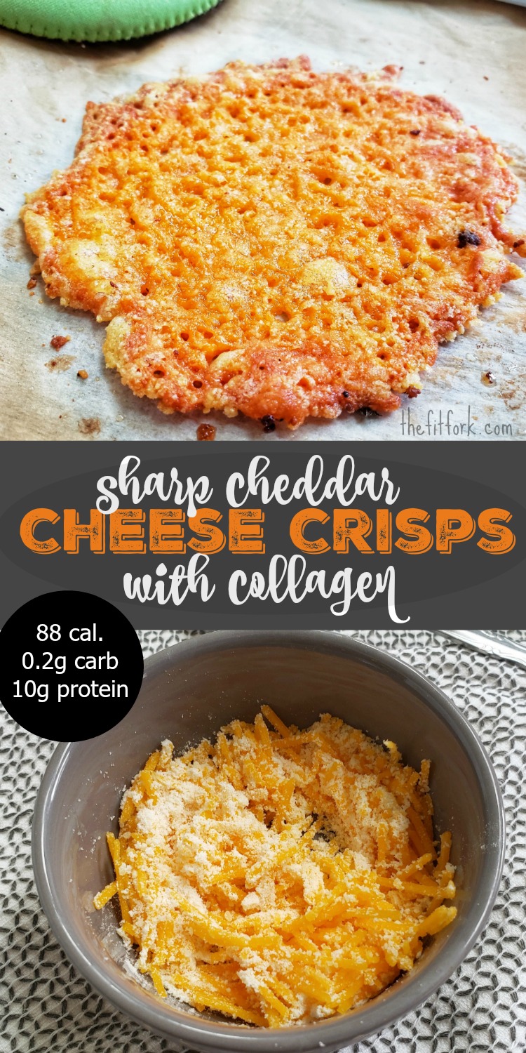 Sharp Cheddar Cheese Crisps with Collagen -- I boosted the protein and added numerous health benefits by creating these cheese snacks that also have collagen hydrolysate in them! I wasn't sure if mixing a powder into cheese crisps would work, but I figured it out -- and it did! Each cheese crisp has 88 calories, just 0.02g carbohydrate and 10g protein and are friendly for keto and low carb diets.