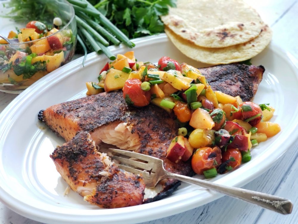 Cedar Plank Grilled Salmon with Blistered Peach Tomato Salsa