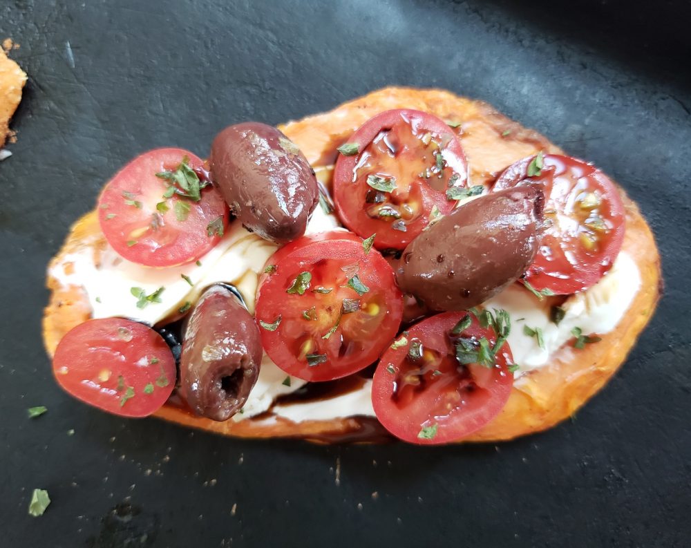 Sweet Potato Toasts with Whipped Feta, Tomatoes and Olives with Balsamic Drizzle