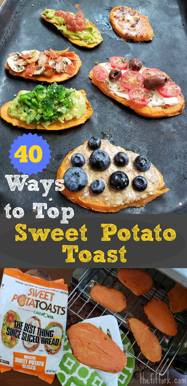 40 Ways to Top Sweet Potato Toast --- quick, easy and super flavorful ways to dress up sweet potato toasts. Sweet PotaTOASTS are available in the freezer section of grocer, no slicing -- just pop in toaster from frozen to create the base for a healthy snack. This bread alternative, superfood is ideal for a variety of diets including glueten-free, paleo, vegan, Whole30, general clean eating and more!
