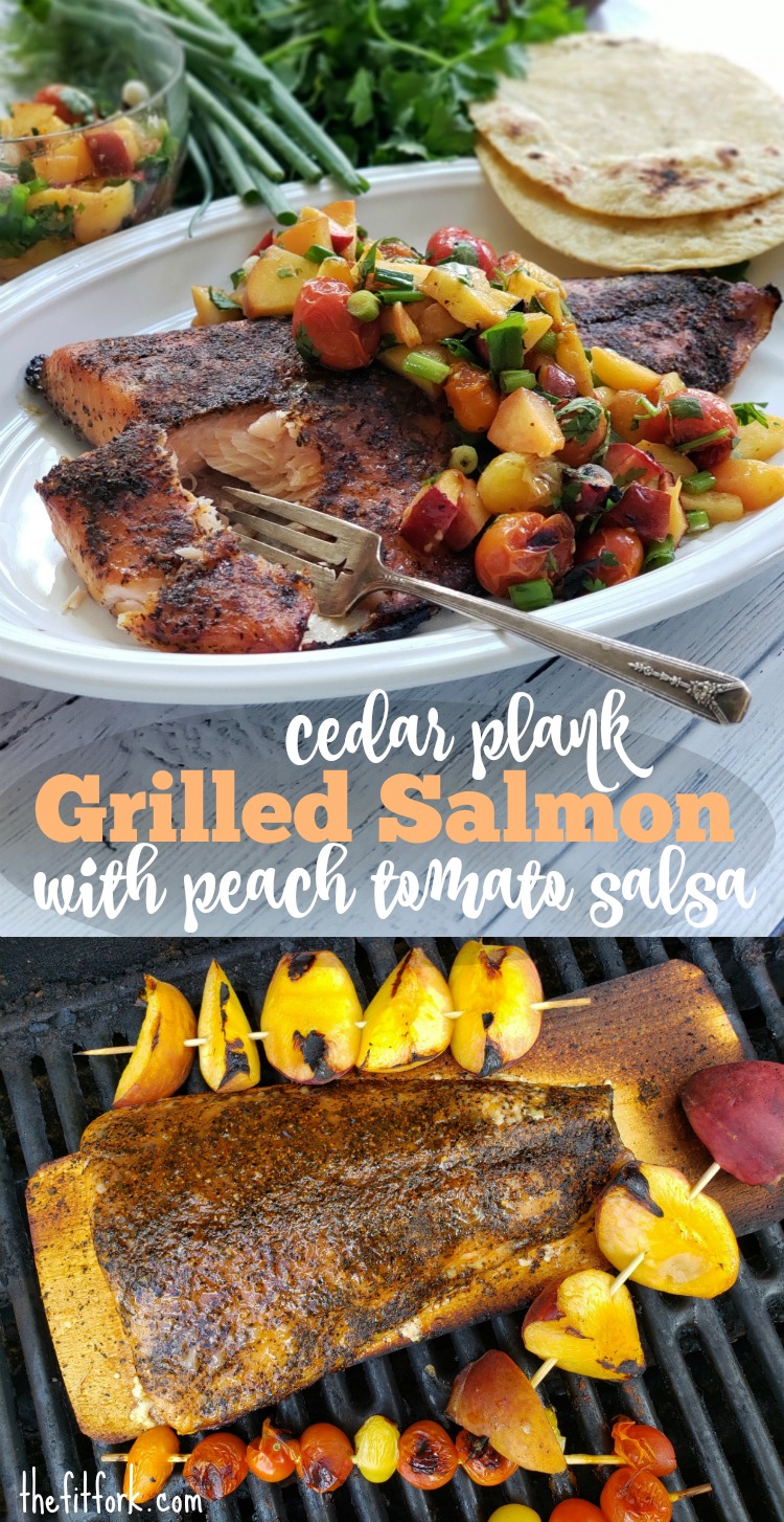 Cedar Plank Grilled Salmon with Blistered Peach Tomato Salsa is a quick, easy and delicious meal for outdoor entertaining. Ready in under 30 minutes.