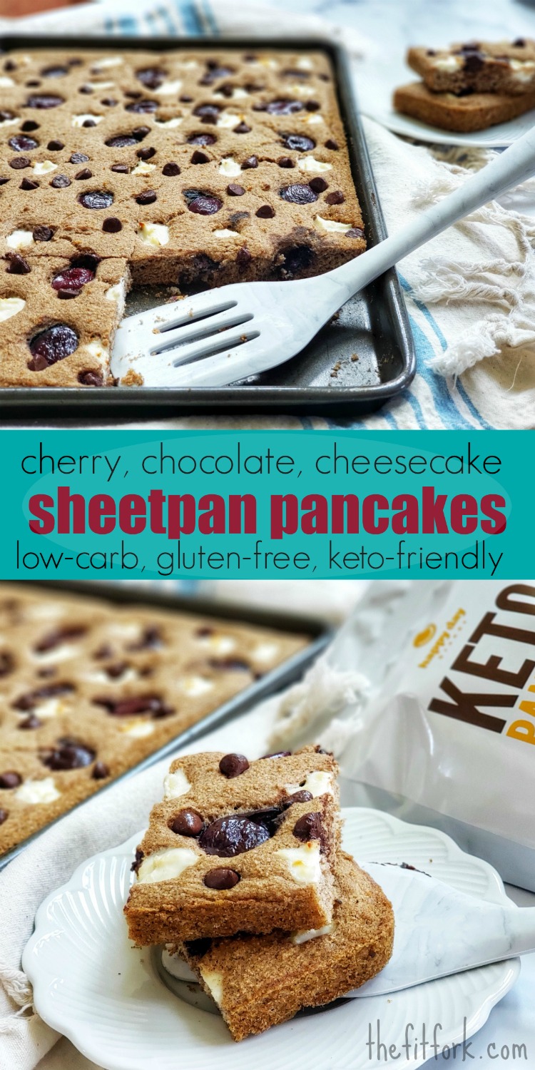 Chocolate Cherry Cheesecake Sheet Pan Pancakes are keto, low carb, gluten free and come together in about 20 minutes. Freezer friendly if meal prepping.
