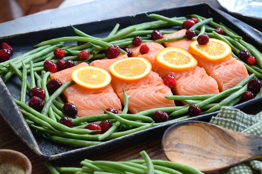 Orange Cranberry Sheet Pan Salmon prepped and ready to be cooked