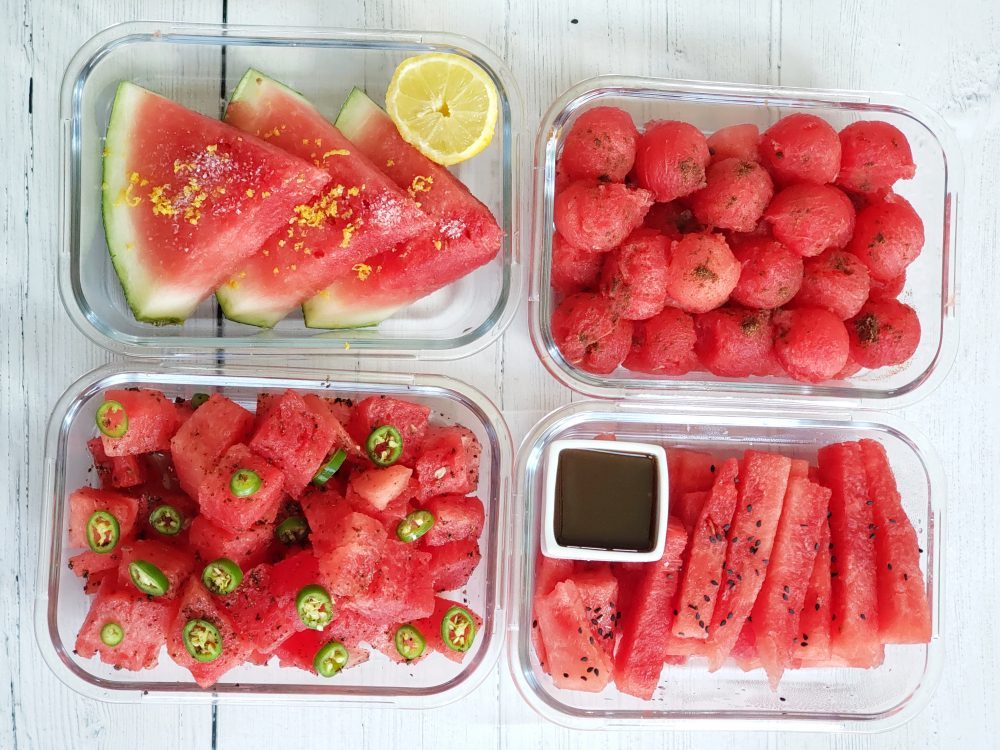 Watermelon seasoned four different ways
