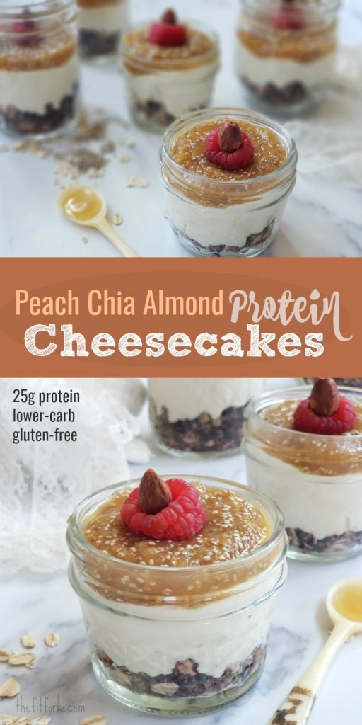 Peach Chia Almond Protein Cheesecakes are a lower-carb, protein-packed option for a quick breakfast or healthier dessert! Gluten-free, lower-carb, 25g protein, easy to meal prep.