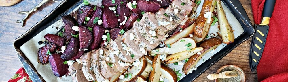 Gorgonzola Pork Tenderloin with Beets & Pears -- a 30 minute sheet pan dinner. Paleo freindly.