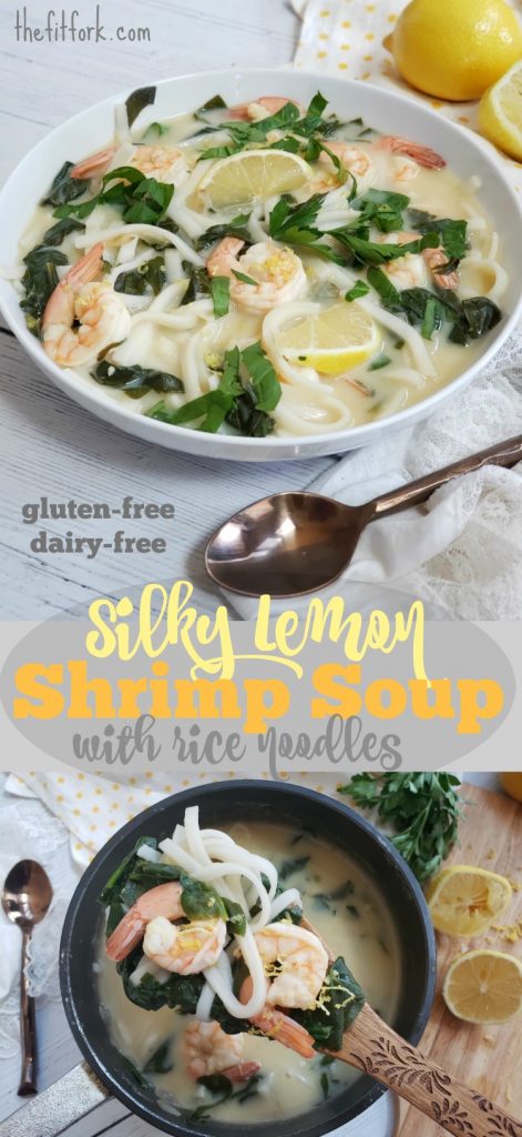 Silky Lemon Shrimp Soup with Rice Noodles - gluten-free and dairy-free and a protein-packed meal for lunch or dinner. You'll love the creamy texture created with whisked eggs in the soup recipe.