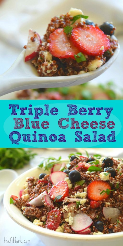 Berry Blue Cheese Quinoa Salad is a scrumptious side dish featuring blueberries, strawberries, raspberries and a blast of bold blue cheese. Can be made ahead for an easy dinner side dish or meal prep friendly for lunch!