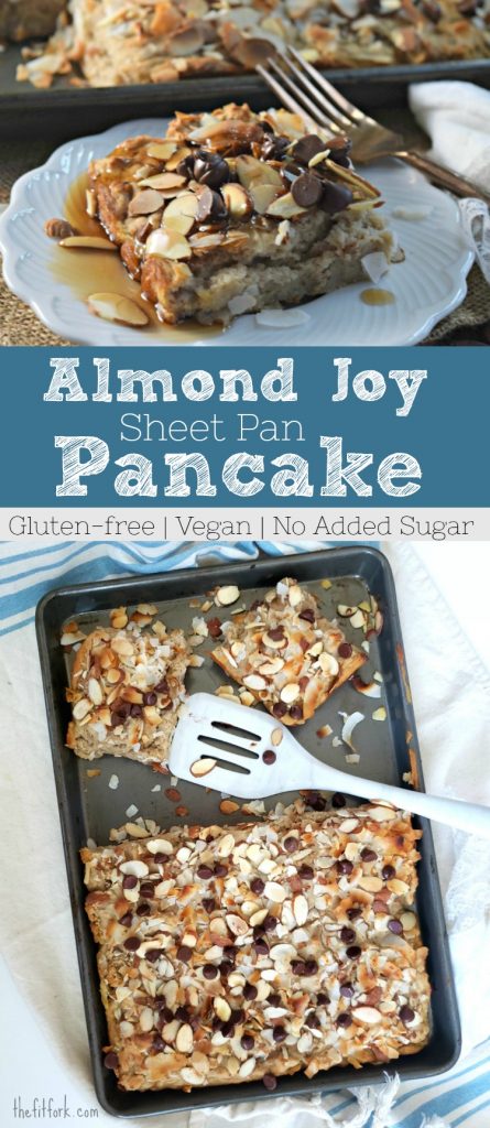 Almond Joy Sheet Pan Pancake - gluten free, vegan, no added sugar. Great for meal prep and make-ahead breakfast or brunch for a large group.