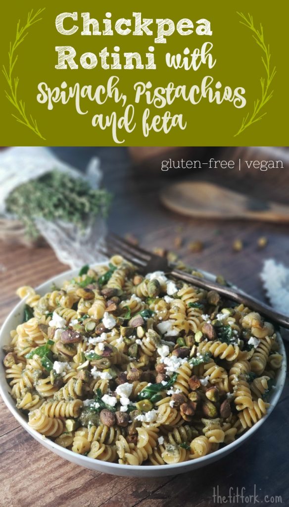 Barilla Chickpea Pasta with Spinach Pistachios and Feta -- a quick and easy meal to get on the table in 15 minutes! Uses a gluten-free pasta and is plant-based and vegetarian.