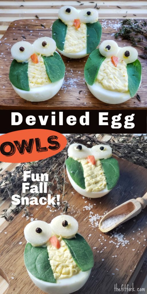 Deviled Egg Owls are decorated with edible toppings and make a fun addition to your Halloween party, Thanksgiving dinner, autumn picnic, or other fall gathering.