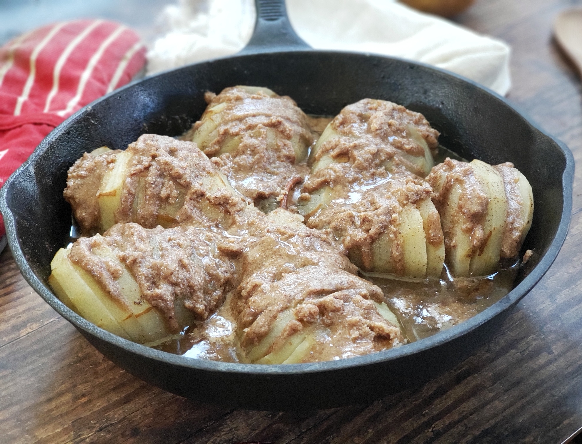 Baked Hasselback Pears with Gingerbread Streusel prep