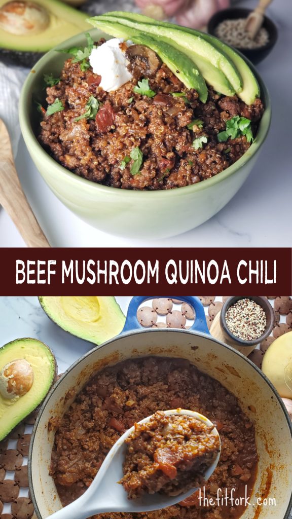 Cozy up to a bowl of this creative beef chili rounded out with quinoa and chopped mushrooms. Great for meal prep. 245 calories, 25g protein, 14g carb per serving.