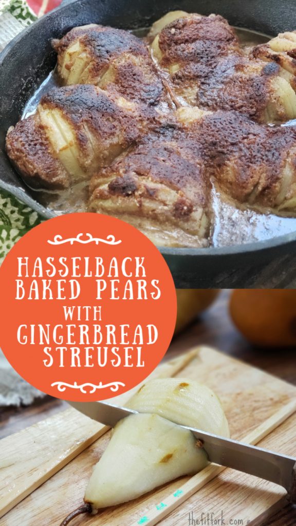 (Ad) Hasselback Baked Pears with Gingerbread Streusel , a quick and easy fruit dessert and alternative to pie! Gluten-free and Paleo, with delicious spices from @McCormikSpice #McCormickMakesItHome #McCormickAtHEB