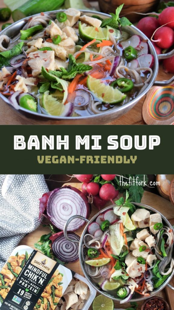 Banh Mi Soup makes a delicious, nourishing lunch or dinner that is suitable for vegans and vegetarians. Broth, rice noodles, spinach and herbs are topped with sweet-spicy, lightly pickled radishes, carrots, cucumbers, onion and jalapenos! So yummy and a warm-you-up tribute to the namesake Vietnamese sandwich.