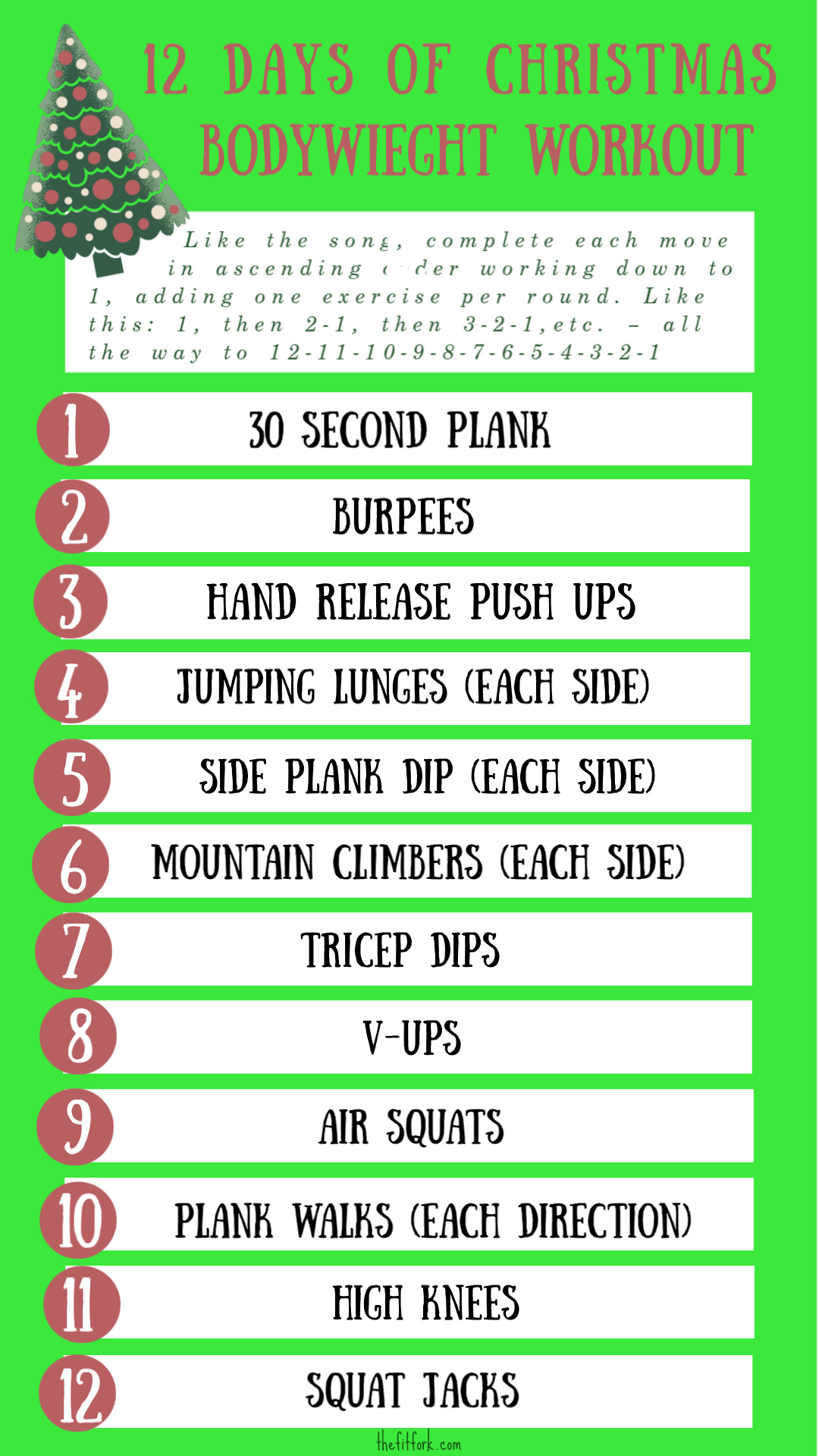12 Days of Christmas Bodyweight Workout is perfect for a full-body, no-equipment-needed WOD when traveling to relatives, in a hotel or otherwise on vacation! 