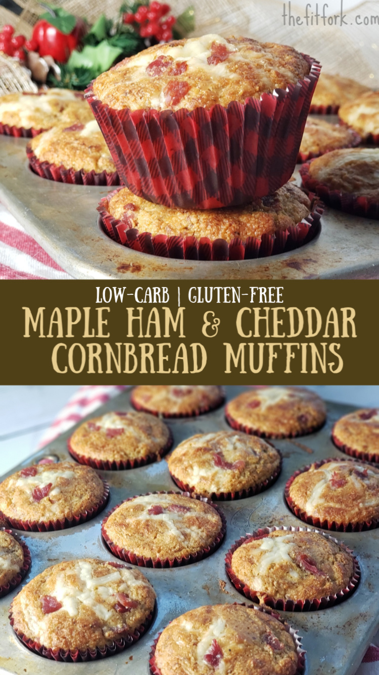 Maple Ham & Cheddar Cornbread Muffin are made with cornmeal and almond flour to be gluten-free and lower carb. Cheddar and bits of smoked ham make these savory muffins great for a filling breakfast or to pair with soup or salad.