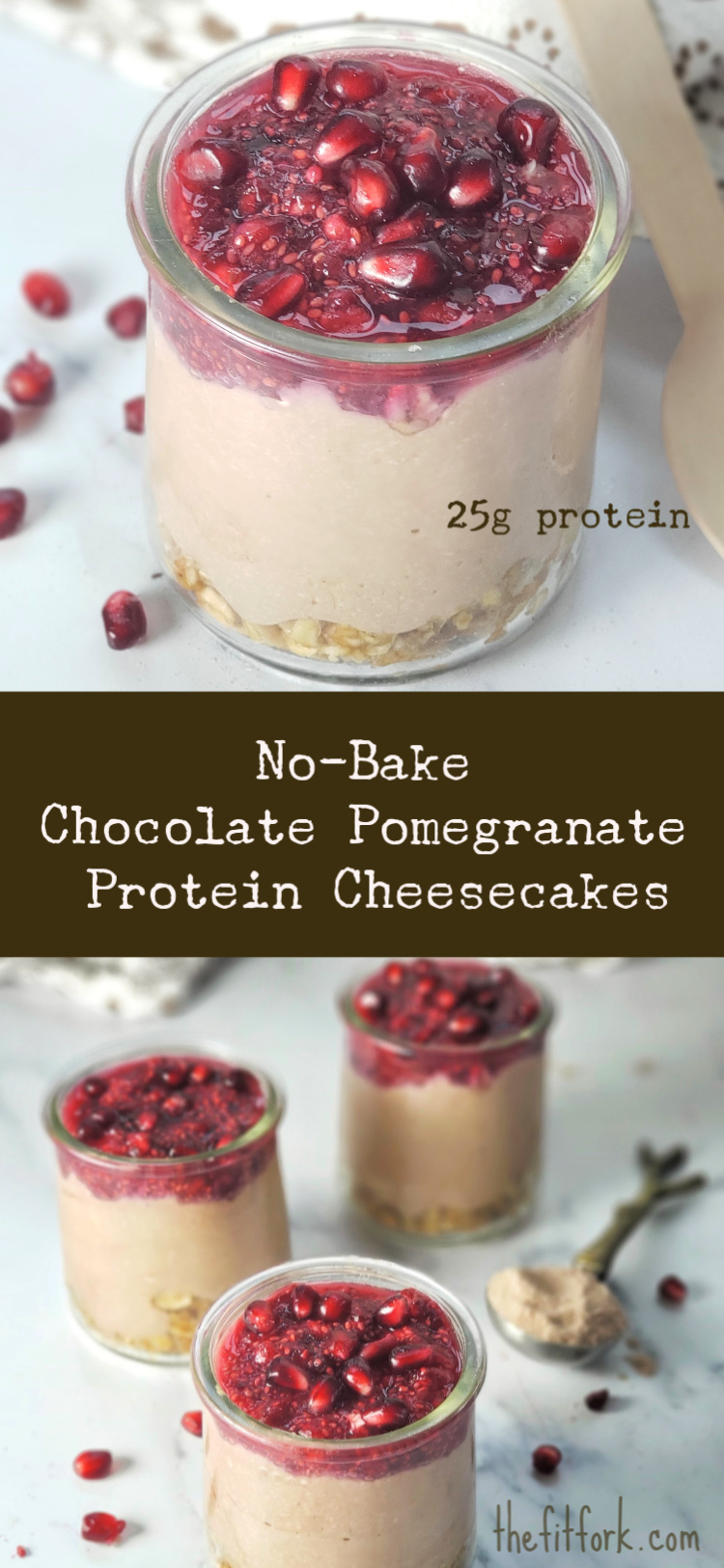 No Bake Chocolate Pomegranate Protein Cheesecakes - easy to meal prep for a grab and go breakfast, healthy dessert or post-workout snack. 25g protein thanks to cottage cheese blended with protein powder. 