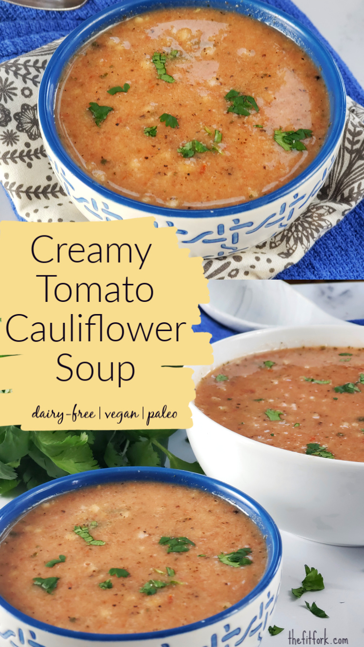 Creamy Tomato Cauliflower Soup - Dairy Free, Gluten Free, Vegan, Paleo. This 15 minute recipe is made with healthy convenience products from the pantry and freezer. So easy and budget-friendly and the ideal way to make a quick, healthy meal for a light dinner or to pack for lunch.
