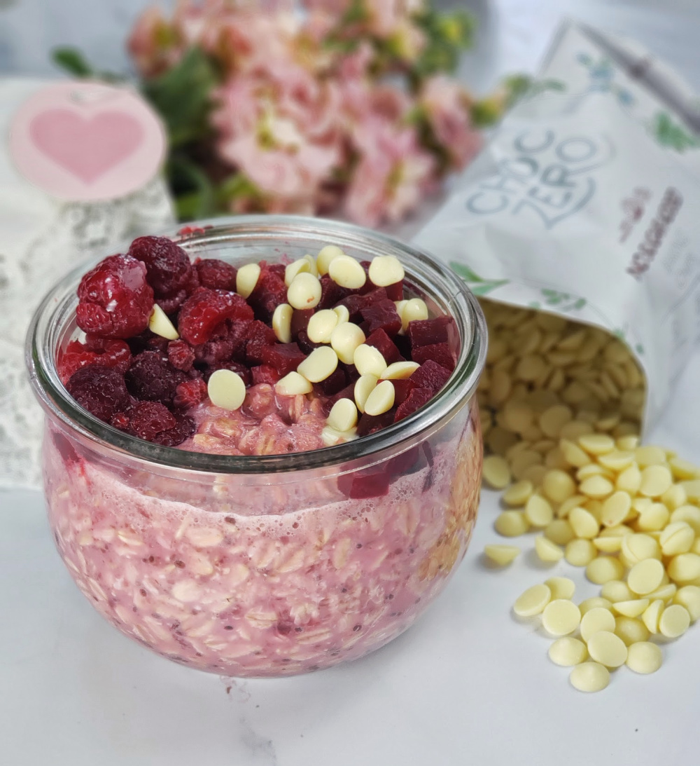 Raspberry Beet Overnight Oats with White Chocolate Chips