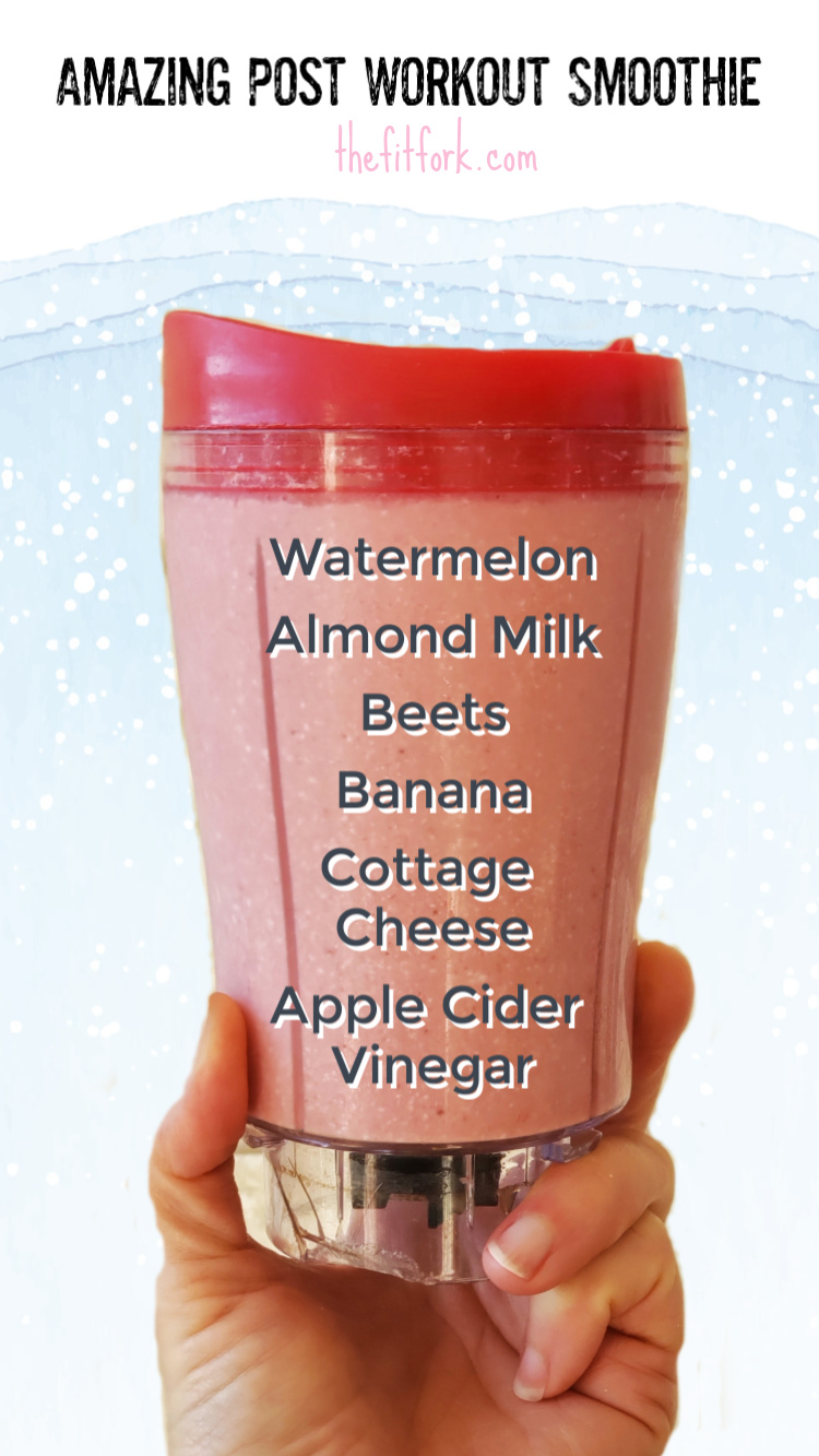 Amazing Post Workout Smoothie with Watermelon and Beets -- all the key nutrients you need including watermelon, beets, cottage cheese, banana and apple cider vinegar to help rehydrate you and take care of taxed muscles and tissues.