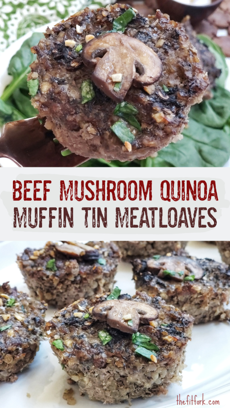 Personal-sized and pleasing to even picky eaters, meat loaf made in muffin tins is a quick and easy meal solution. Quinoa, garlic and mushrooms that are finely chopped are “hidden” in the ground beef for extra flavor and nutrients. Great for meal prep, low carb too! 80 calories, 9g protein 3.6 net carbs per piece.