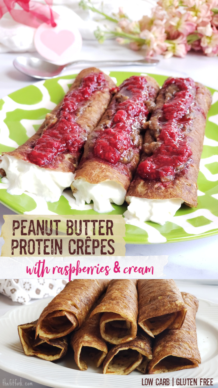 Peanut Butter Protein Crepes are easy to make, low-carb and gluten free. Eat plain or filled with berries and cream or the ingredients of your choice! Per one plain crepe: 61 calories, 5.1g protein, 1.9 gram net carb. 