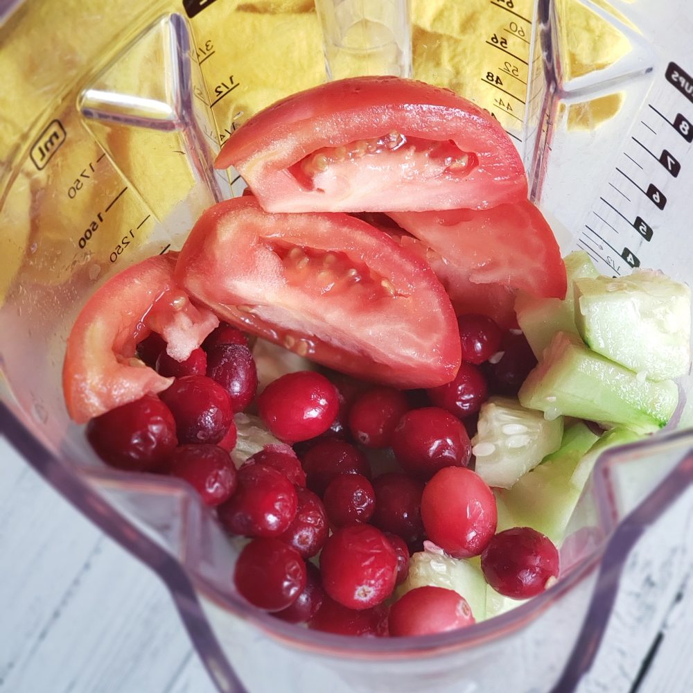 Ingredients for cranberry gazpacho in blender
