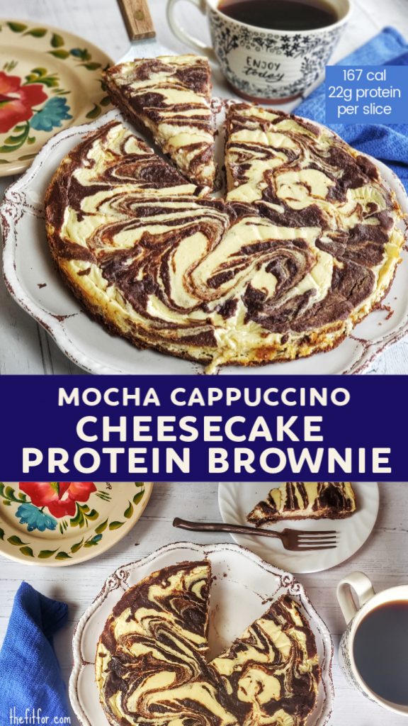 Mocha Cappuccino Protein Cheesecake Brownie is a better-for-you dessert (even breakfast) made with protein powder, cottage cheese and other health-minded ingredients. Gluten free and 167 calories per serving and 22g protein.