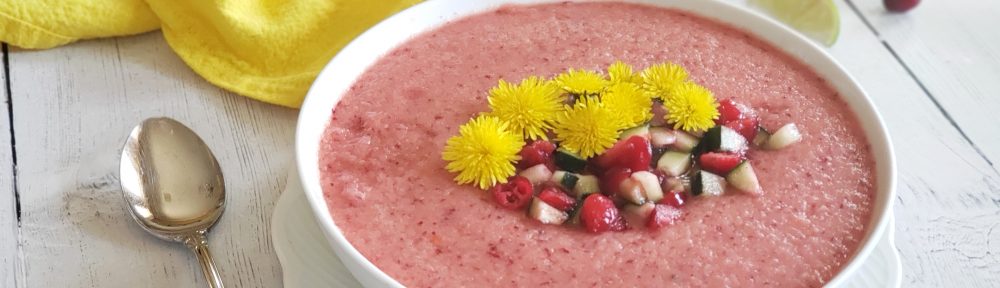 Detoxing Cranberry Gazpacho makes a lovely light chilled soup for your meal. Blended with healthful ingredients like cranberries, watermelon, cucumber to flush the body of excess water and toxins.