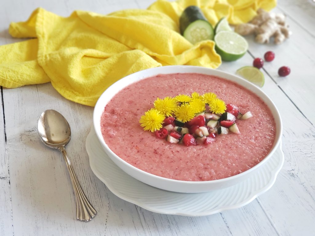 Detoxing Cranberry Gazpacho makes a lovely light chilled soup for your meal. Blended with healthful ingredients like cranberries, watermelon, cucumber to flush the body of excess water and toxins.