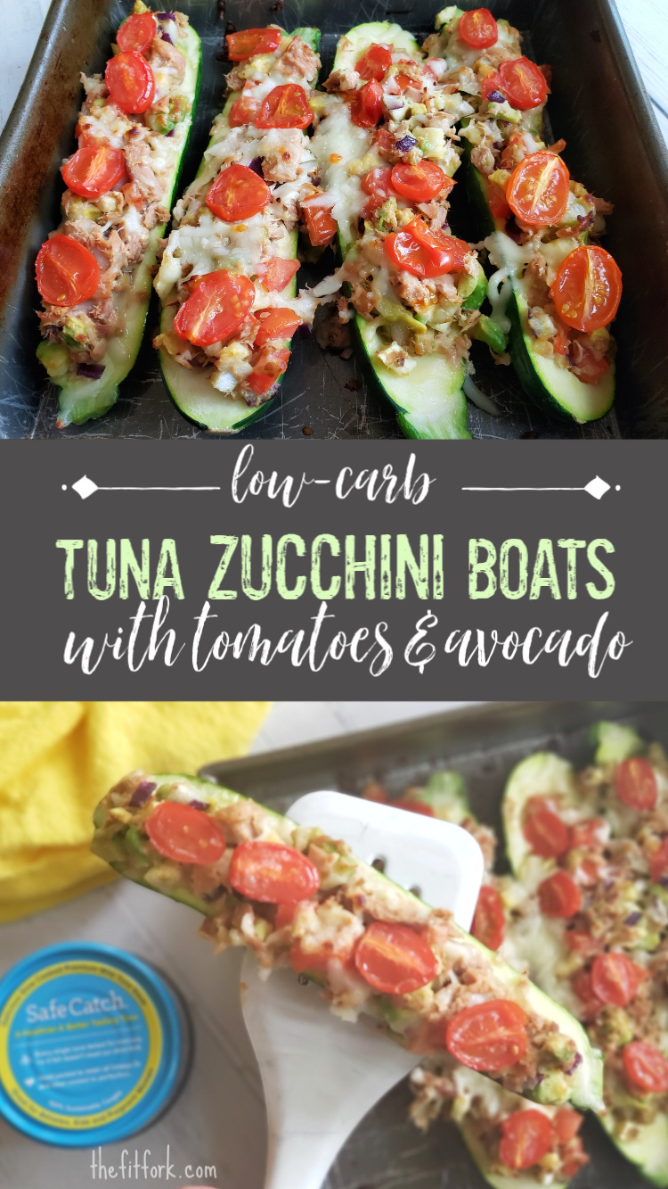 These tuna zucchini boats stuffed with avocado and tomatoes uses canned tuna for a total healthy dinner save on busy nights. Low carb with only 298 calories per serving (2 pieces) and almost 29 grams of protein! Also great for meal prep!