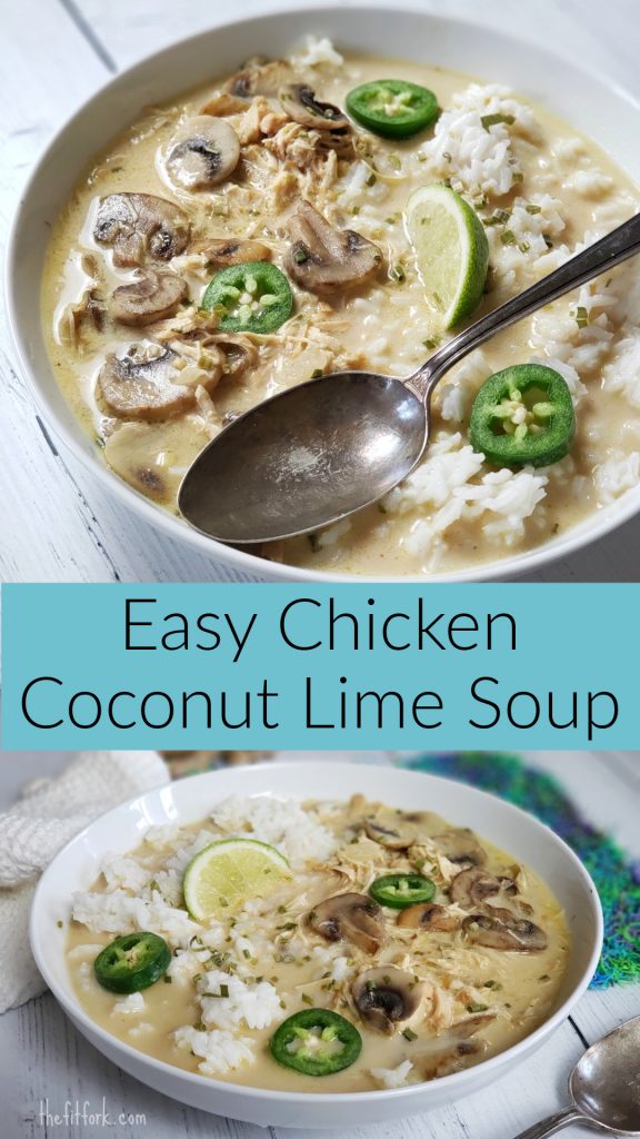 Easy Chicken Coconut Lime Soup -- inspired by my favorite Thai soup, Tom Kha Gai, this easy soup uses leftovers and many ingredients you likely already have in the pantry! 399 calories per serving (including rice) and 20g protein