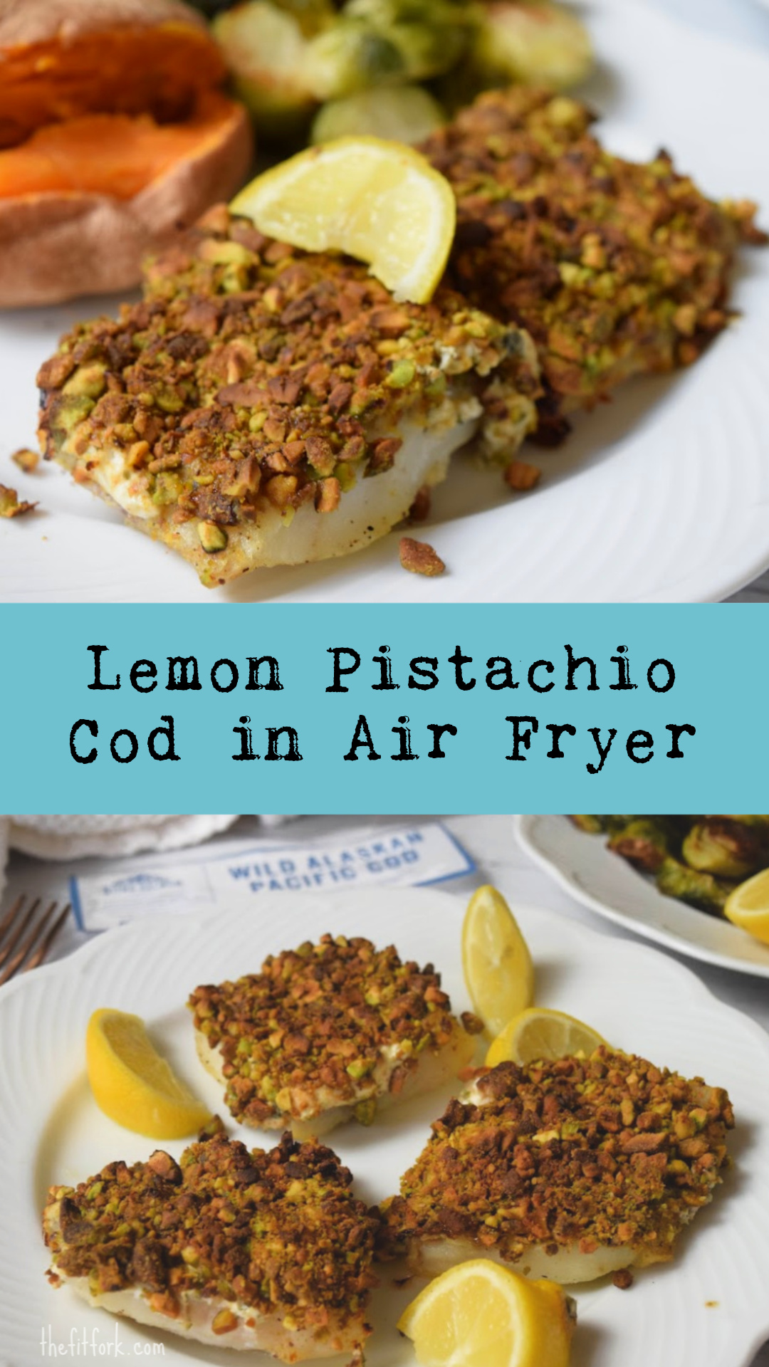 Lemon Pistachio Cod in Air Fryer is a quick, easy, healthy dinner perfect for Mediterranean diets -- low carb and keto, too! 234 calories per serving, 5.5g net carb, and 28g protein.