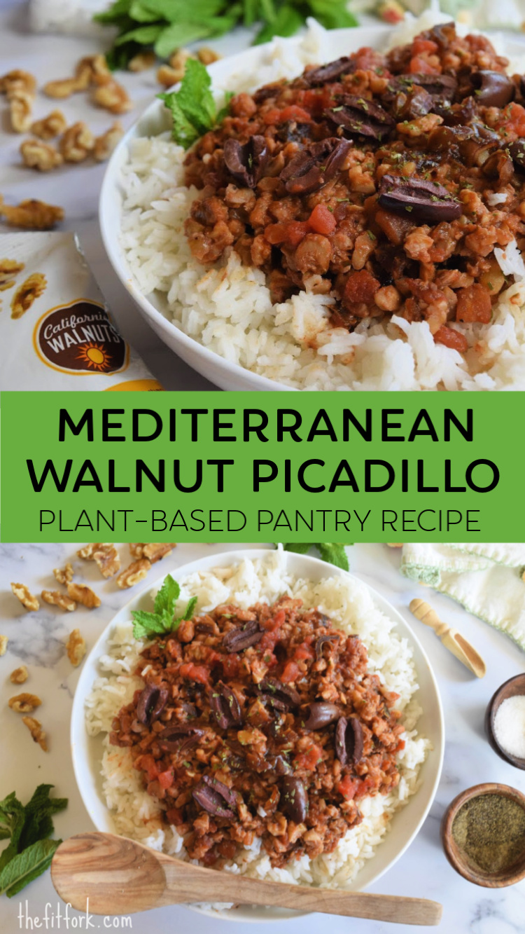 Mediterranean Walnut Picadillo - Plant-based Pantry Recipe. Keep this easy nut recipe in mind for those nights when you THOUGHT you didn't have anything to make! All ingredients are shelf-stable and can be sourced from the pantry. Walnuts serve as a meat substitute, making it vegan friendly, low carb, Paleo and keto friendly (if served without rice -- try cauliflower rice instead)! #sponsored #WalnutsSweetORSavory @CaliflorniaWalnuts 