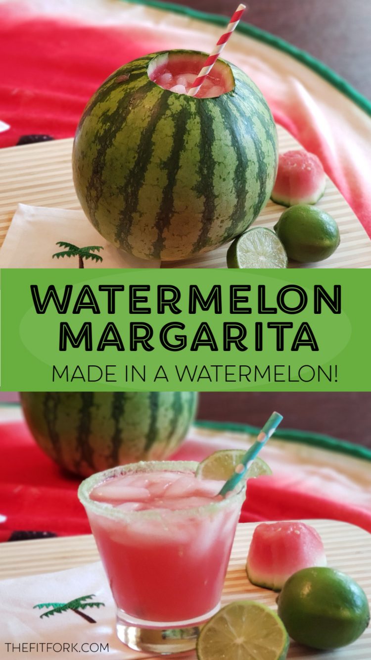 Watermelon Margarita made in a watermelon! This fun cocktail will kick up happy hour, your pool party, cinco de may or any summer celebration! The perk of this fruit drink, it's made with an infusion blender and no extra bar ware to cleanup!