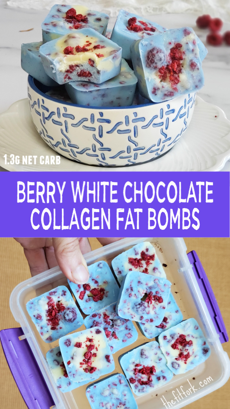 Berry White Chocolate Collagen Fat Bombs - easy to make with just 4 ingredients, this sugar-free, low-carb candy is a smart way to sooth your sweet tooth. Perfect for low carb, keto, Atikins, and diabetic diets.