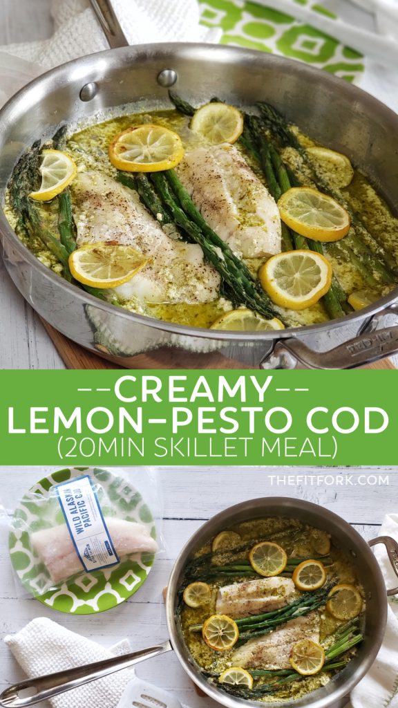 Creamy Lemon Pesto Cod is a winner -- juicy, flaky fish nestled alongside asparagus in a lightly tangy cream sauce. Twenty minutes from prep to plate and a one-skillet meal!