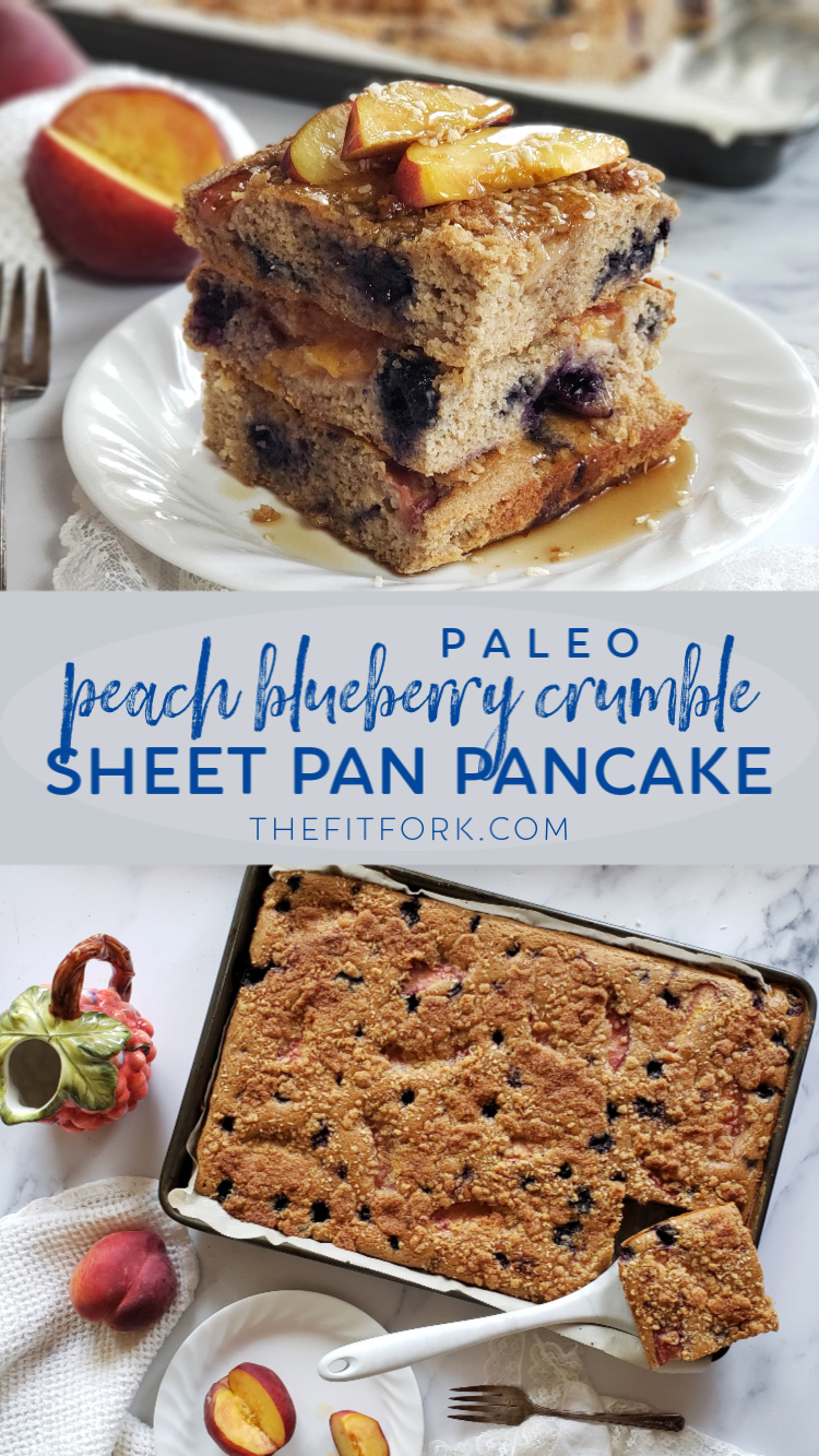 Peach Blueberry Crumble Sheet Pan Pancakes - less mess, less stress, less time . . . MORE yum! Ditch the skillet for these easy sheet pan pancakes that have been upgraded with fruit and a crumble topping! Paleo friendly and gluten free.