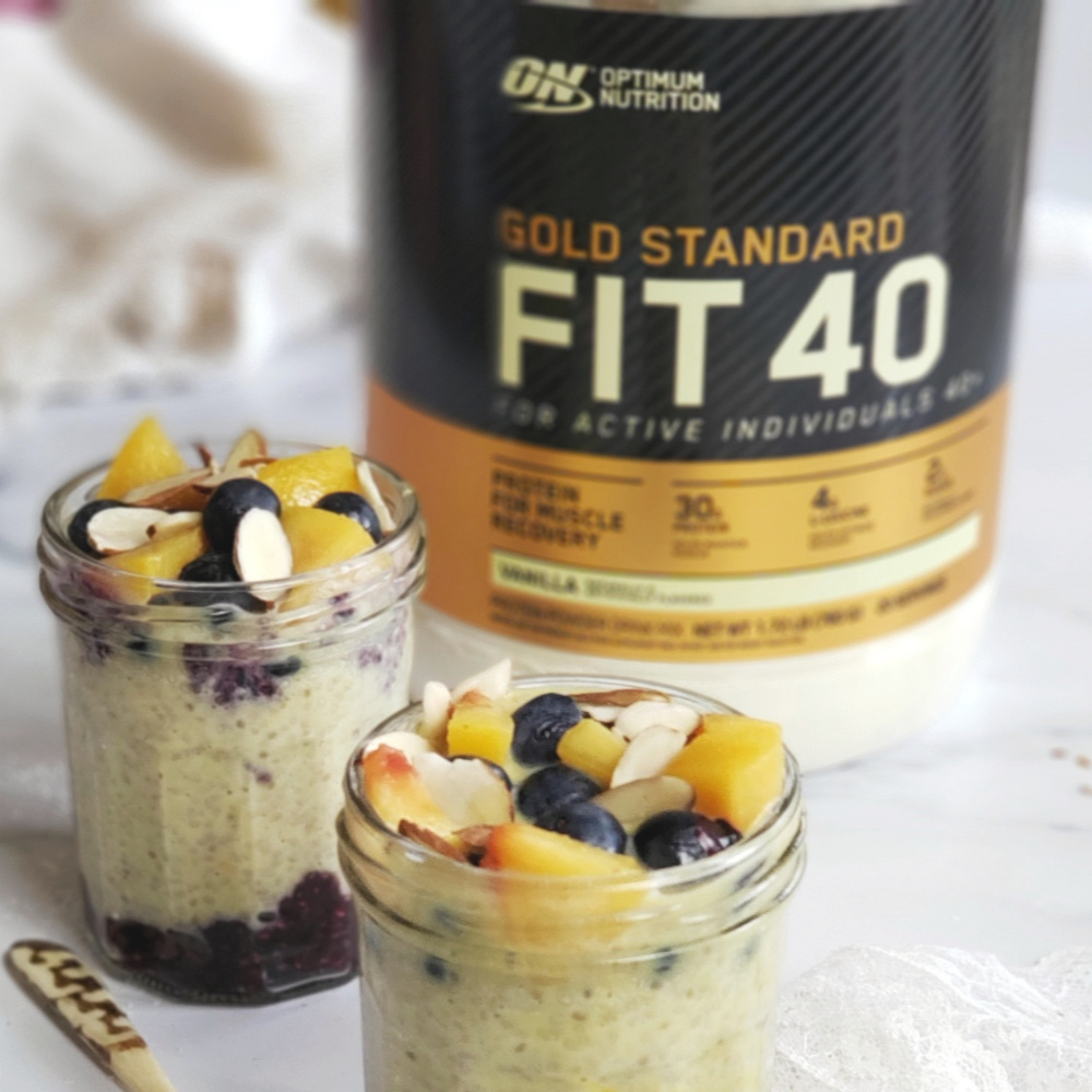 Blueberry Peach Protein Chia Pudding optimum nutrition fit40