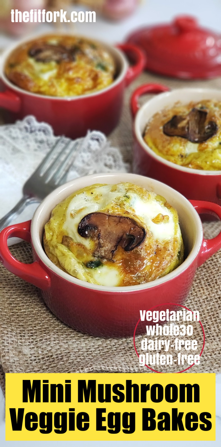 Mini Mushroom Veggie Egg Bakes - a delicious breakfast, lunch or light dinner! Mushrooms, spinach and potatoes (swap out for sweet potatoes to make Paleo). Suitable for vegetarian, dairy-free, gluten-free and whole30 diets. Great for meal prep.