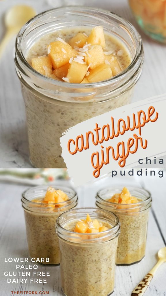 This easy-peasy, no-cook recipe is a chia pudding made with ripe juicy cantaloupe, almond milk, and chia seeds -- plus a little extra function flavor with ground ginger and turmeric!! It's a high-fiber, lower carb snack and healthy dessert or even grab-and-go breakfast! Paleo friendly.