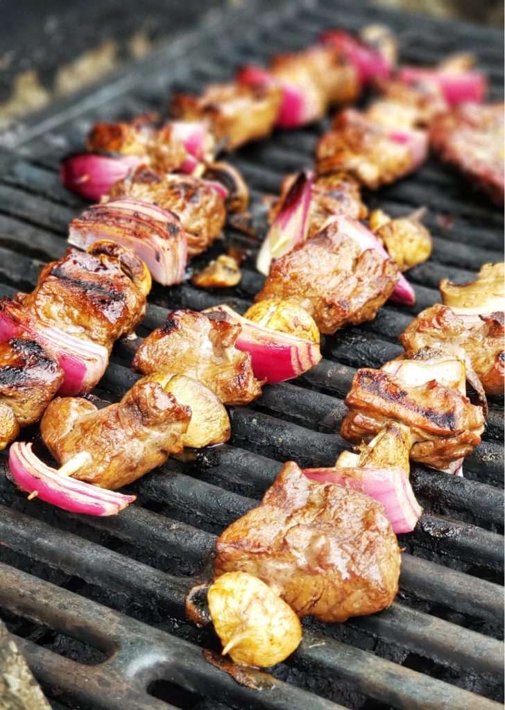 beef tenderloin kebabs in a date syrup marinade on grill  