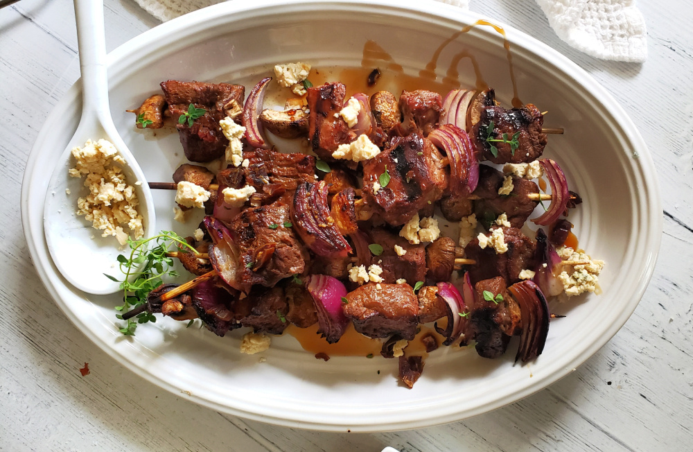 Steak Kebabs with Blue Cheese & Date Drizzle