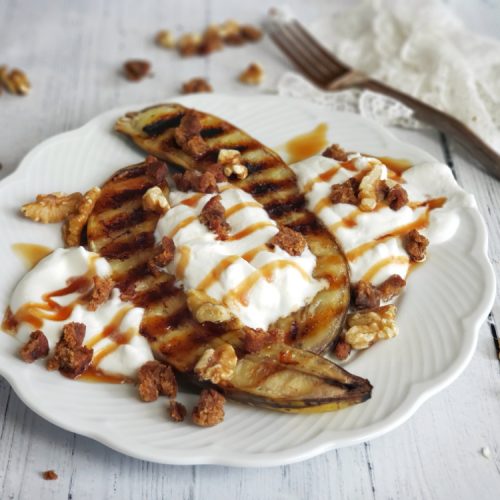 Grilled Banana Sundae With Coconut Cream Date Syrup Walnuts And Superfood Cookie Crumbles Thefitfork Com