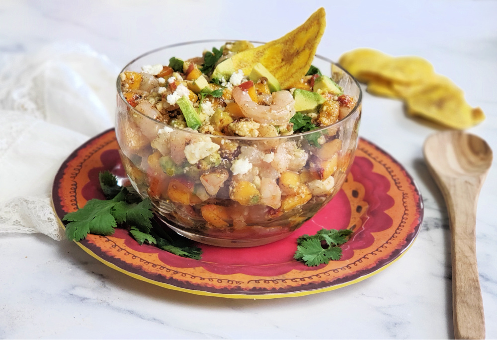 Peach Avocado Shrimp Salad is a refreshing, no-cook lunch or dinner that might remind you of ceviche! Serve in individual jars or ramekins, or stir together gently in a single bowl and serve as an appetizer dip with chips.