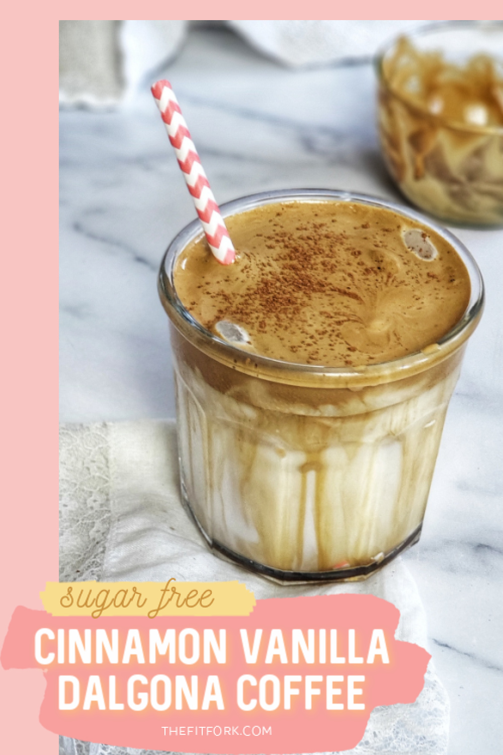 Dalgona (Whipped) Coffee is so creamy and delicious, and my version has hints of vanilla and cinnamon -- plus it's free of traditional sugar, so it's great for low carb diets. This iced coffee drink has only 38 calories per serving and packs a caffeine punch, made with espresso powder. Visit thefitfork.com for more low carb and clean eating recipes.
